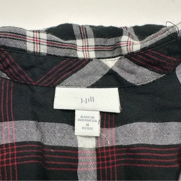 J. Jill Black Red Mixed Plaid Button Down Shirt Style Tunic Top Medium Petite - Picture 5 of 8